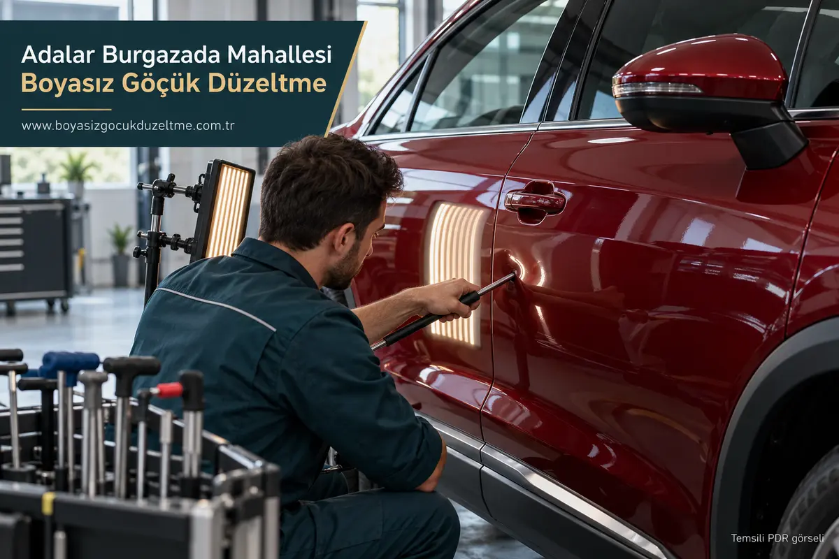 Adalar Burgazada Mahallesi hizmet rehberi için modern otomobil ve boyasız göçük incelemesini anlatan temsili görsel