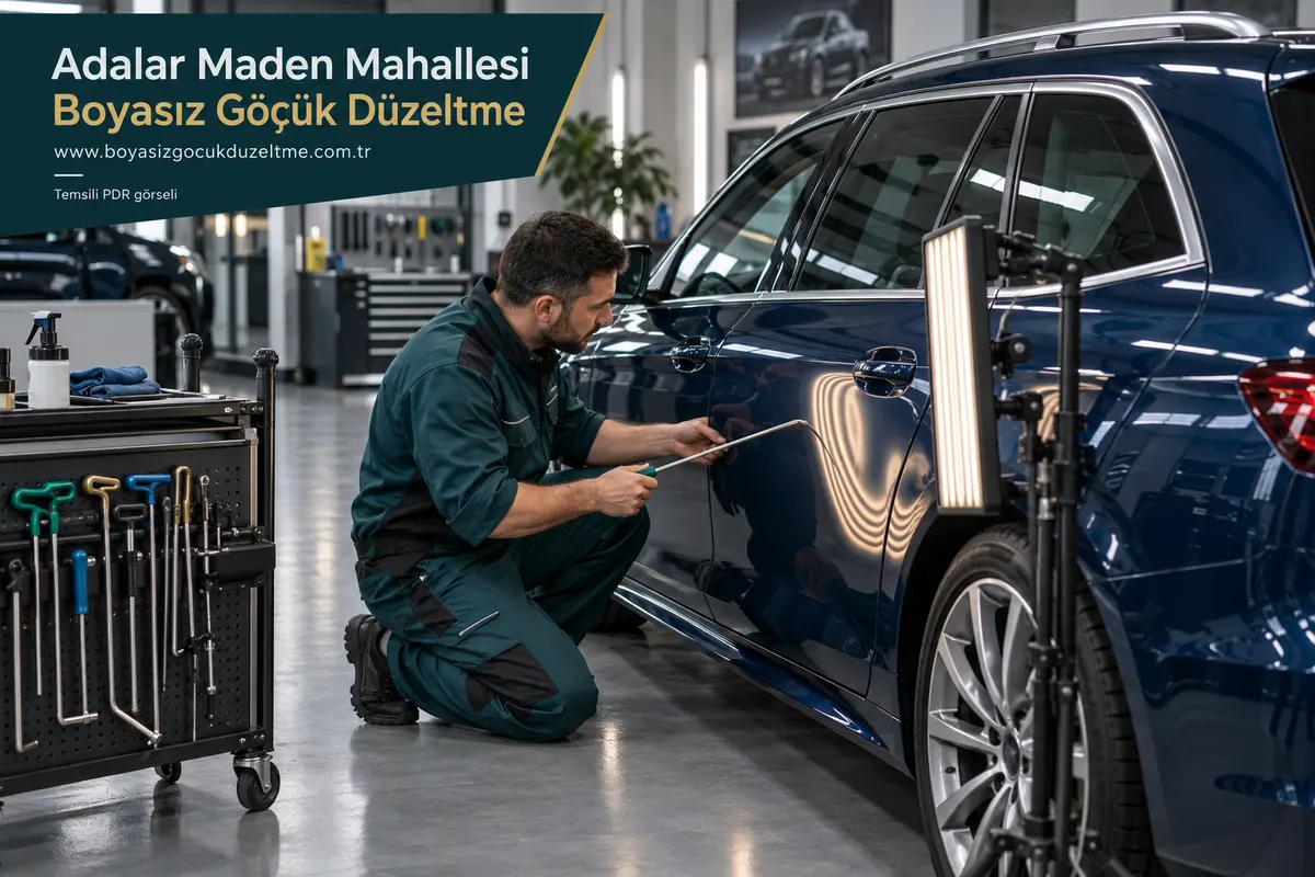 Adalar Maden Mahallesi hizmet rehberi için modern otomobil ve boyasız göçük incelemesini anlatan temsili görsel