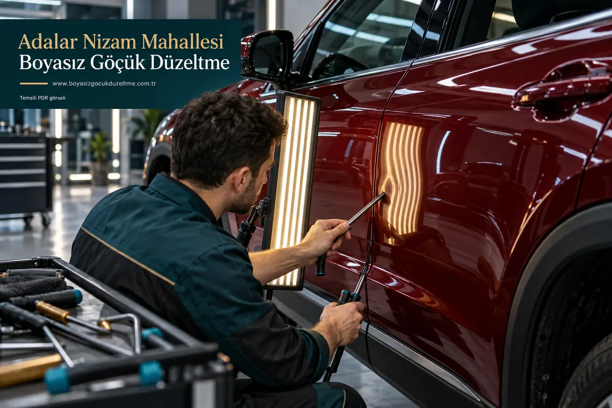 Adalar Nizam Mahallesi hizmet rehberi için modern otomobil ve boyasız göçük incelemesini anlatan temsili görsel