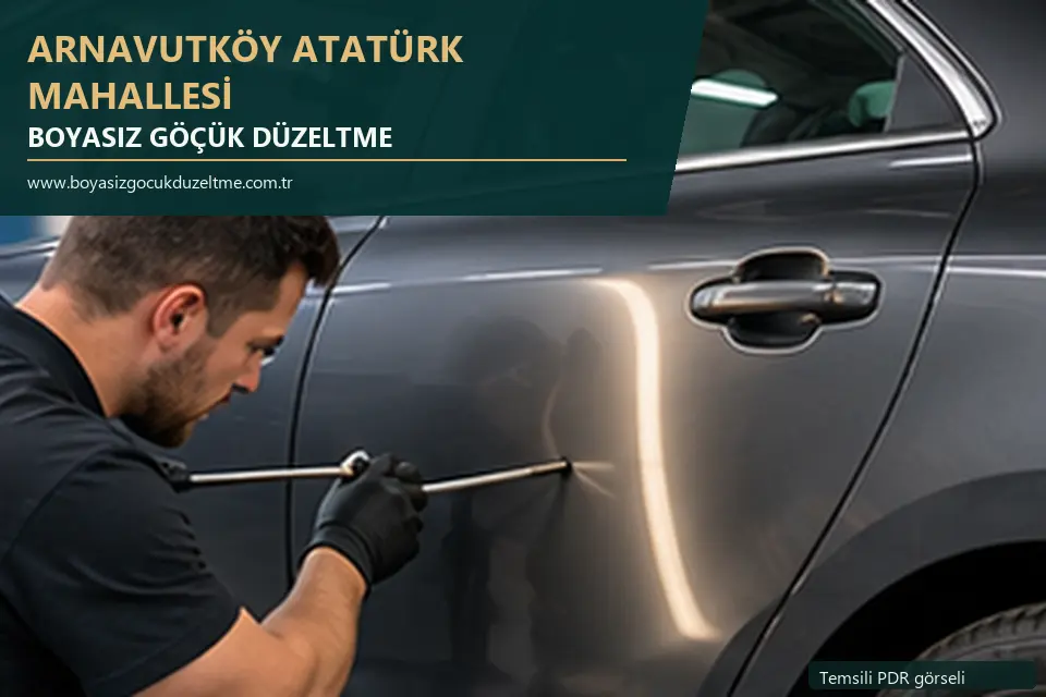 Arnavutköy Atatürk Mahallesi hizmet rehberi için modern otomobil ve boyasız göçük incelemesini anlatan temsili görsel