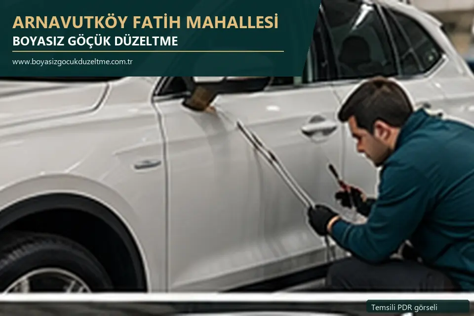 Arnavutköy Fatih Mahallesi hizmet rehberi için modern otomobil ve boyasız göçük incelemesini anlatan temsili görsel