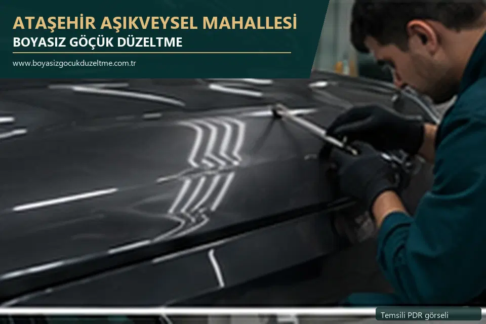 Ataşehir Aşıkveysel Mahallesi hizmet rehberi için modern otomobil ve boyasız göçük incelemesini anlatan temsili görsel