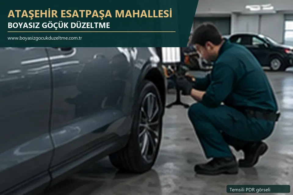 Ataşehir Esatpaşa Mahallesi hizmet rehberi için modern otomobil ve boyasız göçük incelemesini anlatan temsili görsel