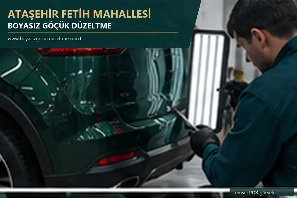 Ataşehir Fetih Mahallesi hizmet rehberi için modern otomobil ve boyasız göçük incelemesini anlatan temsili görsel