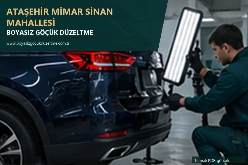 Ataşehir Mimar Sinan Mahallesi hizmet rehberi için modern otomobil ve boyasız göçük incelemesini anlatan temsili görsel