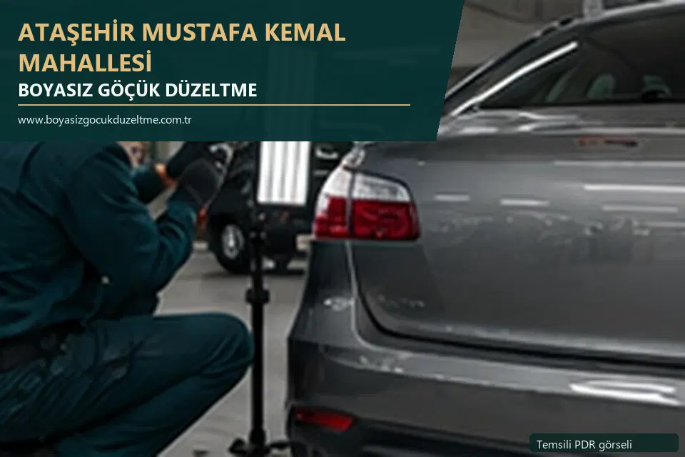 Ataşehir Mustafa Kemal Mahallesi hizmet rehberi için modern otomobil ve boyasız göçük incelemesini anlatan temsili görsel