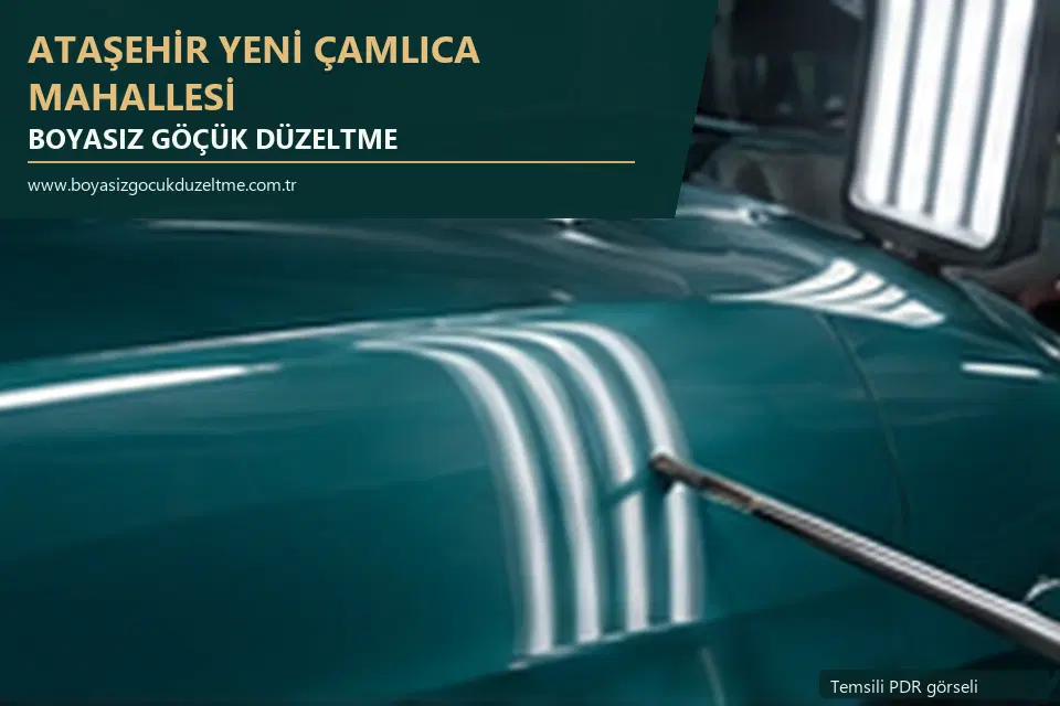Ataşehir Yeni Çamlıca Mahallesi hizmet rehberi için modern otomobil ve boyasız göçük incelemesini anlatan temsili görsel