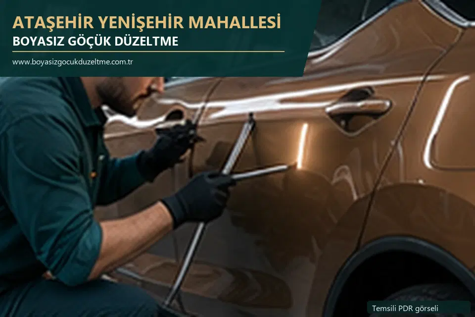 Ataşehir Yenişehir Mahallesi hizmet rehberi için modern otomobil ve boyasız göçük incelemesini anlatan temsili görsel