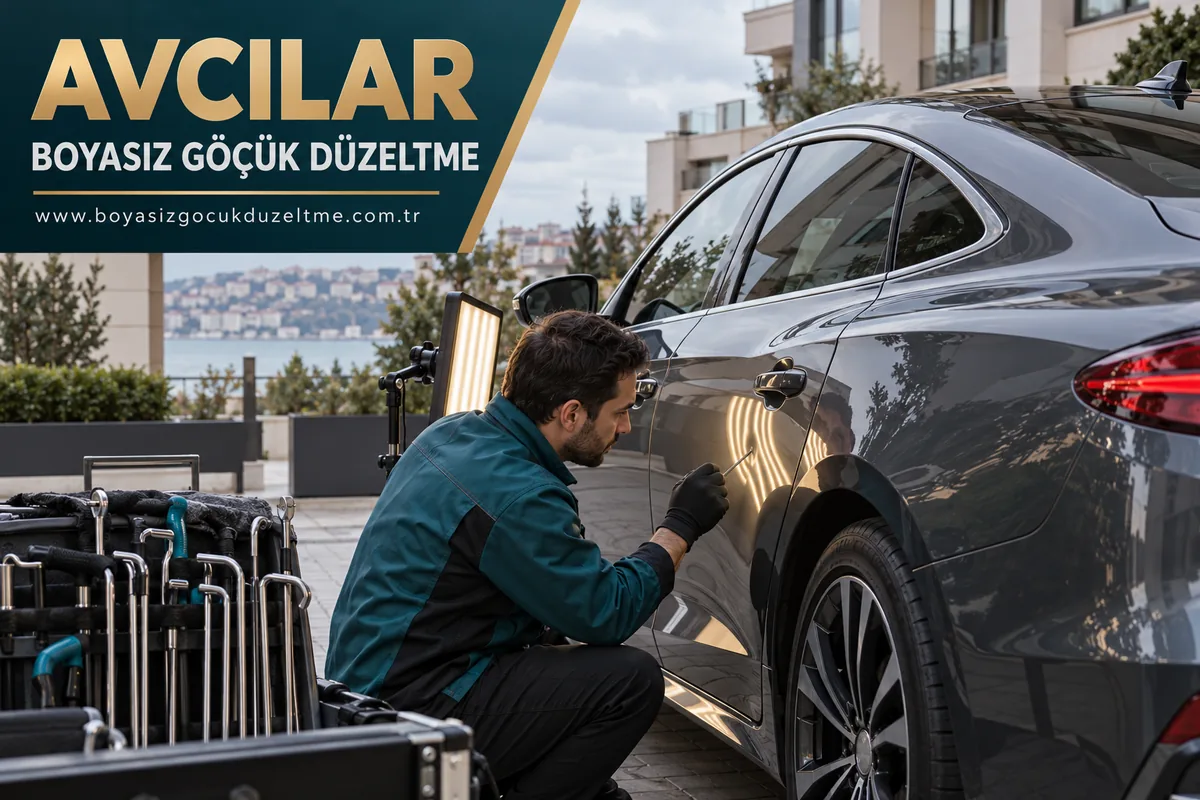 Avcılar yazılı kurumsal görselde gri otomobilin kapısının PDR lambasıyla incelenmesi