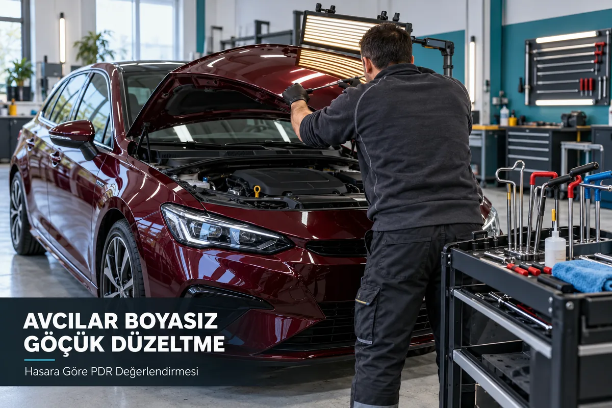 Avcılar PDR değerlendirmesi için bordo otomobil kaputunun yansıma ışığıyla kontrolü