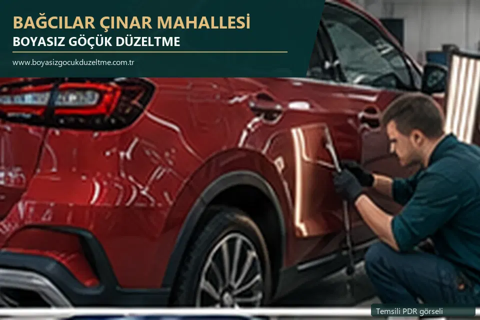 Bağcılar Çınar Mahallesi hizmet rehberi için modern otomobil ve boyasız göçük incelemesini anlatan temsili görsel
