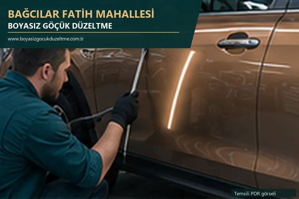 Bağcılar Fatih Mahallesi hizmet rehberi için modern otomobil ve boyasız göçük incelemesini anlatan temsili görsel