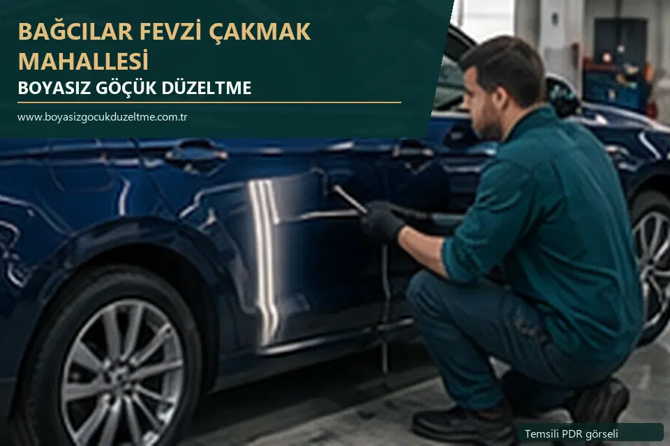 Bağcılar Fevzi Çakmak Mahallesi hizmet rehberi için modern otomobil ve boyasız göçük incelemesini anlatan temsili görsel