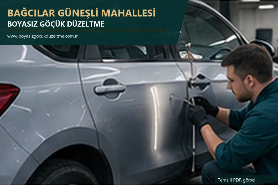 Bağcılar Güneşli Mahallesi hizmet rehberi için modern otomobil ve boyasız göçük incelemesini anlatan temsili görsel