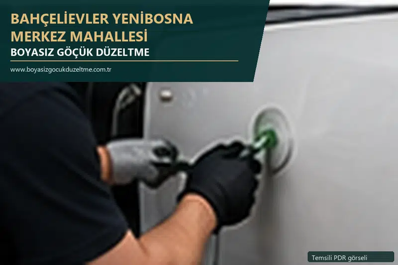 Bahçelievler Yenibosna Merkez Mahallesi hizmet rehberi için modern otomobil ve boyasız göçük incelemesini anlatan temsili görsel