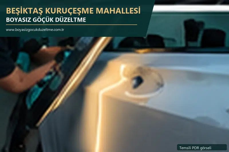 Beşiktaş Kuruçeşme Mahallesi hizmet rehberi için modern otomobil ve boyasız göçük incelemesini anlatan temsili görsel