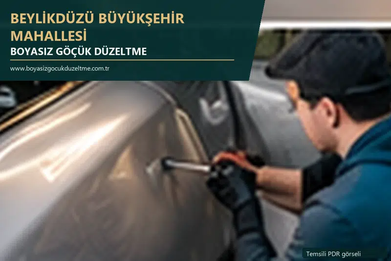 Beylikdüzü Büyükşehir Mahallesi hizmet rehberi için modern otomobil ve boyasız göçük incelemesini anlatan temsili görsel