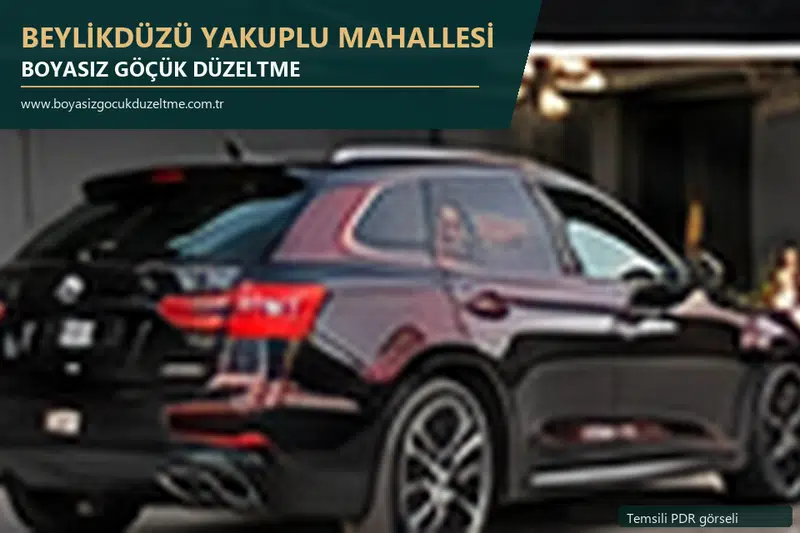 Beylikdüzü Yakuplu Mahallesi hizmet rehberi için modern otomobil ve boyasız göçük incelemesini anlatan temsili görsel
