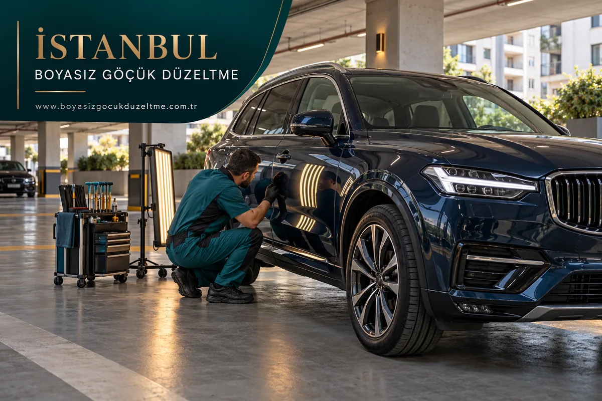 İstanbul hizmet rehberi için kapalı alanda PDR ışığıyla incelenen koyu renk SUV