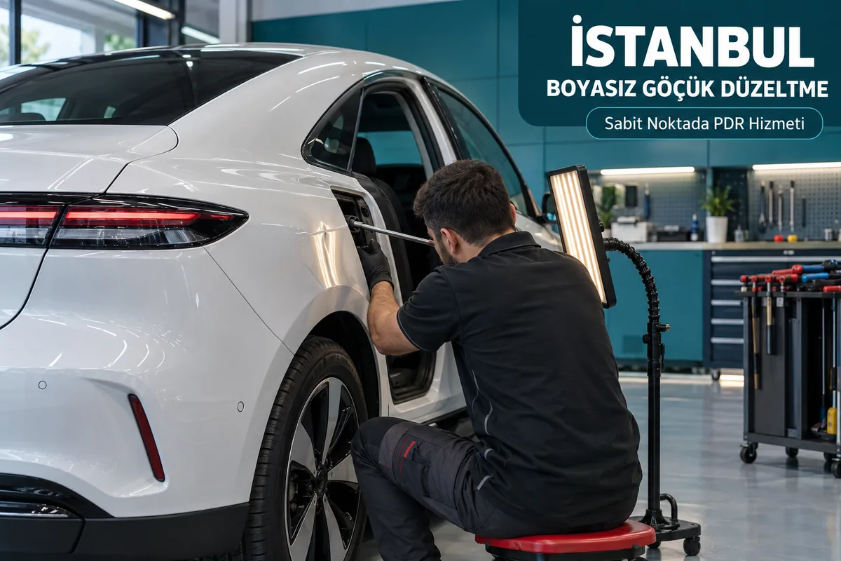 Sabit PDR çalışma alanında beyaz otomobilin arka panelini inceleyen teknisyen