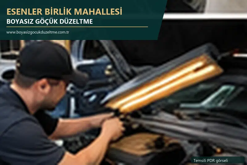 Esenler Birlik Mahallesi hizmet rehberi için modern otomobil ve boyasız göçük incelemesini anlatan temsili görsel
