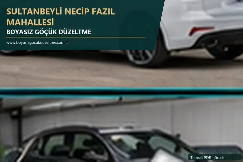 Sultanbeyli Necip Fazıl Mahallesi hizmet rehberi için modern otomobil ve boyasız göçük incelemesini anlatan temsili görsel