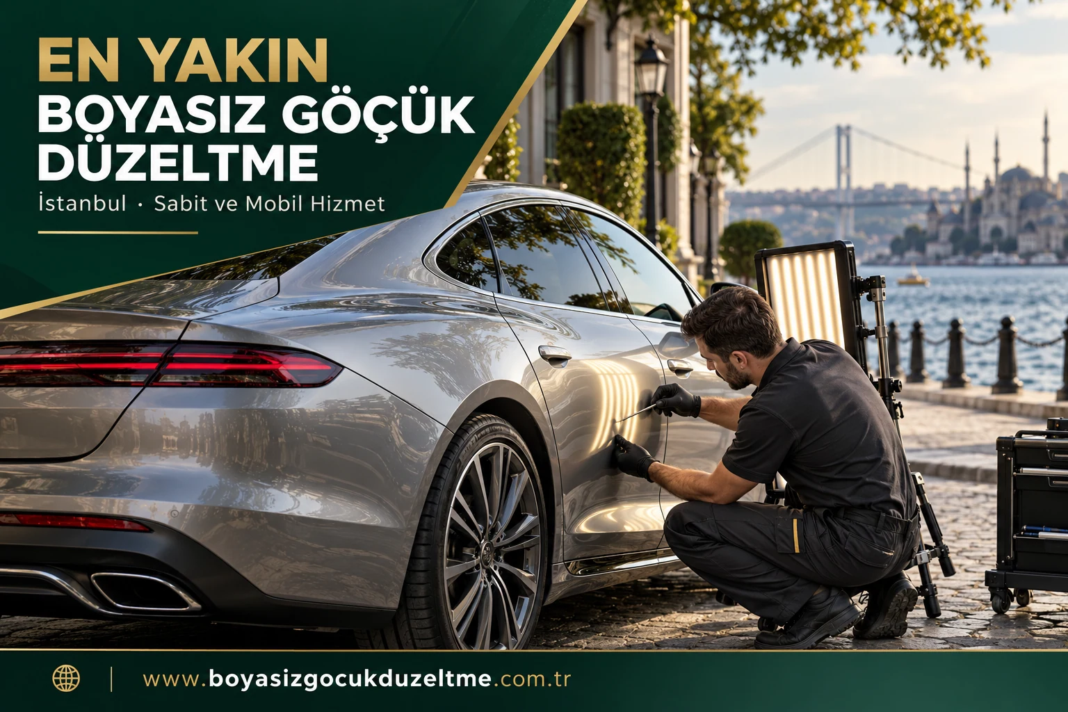 İstanbul’da en yakın boyasız göçük düzeltme için modern otomobil yanında mobil PDR incelemesi