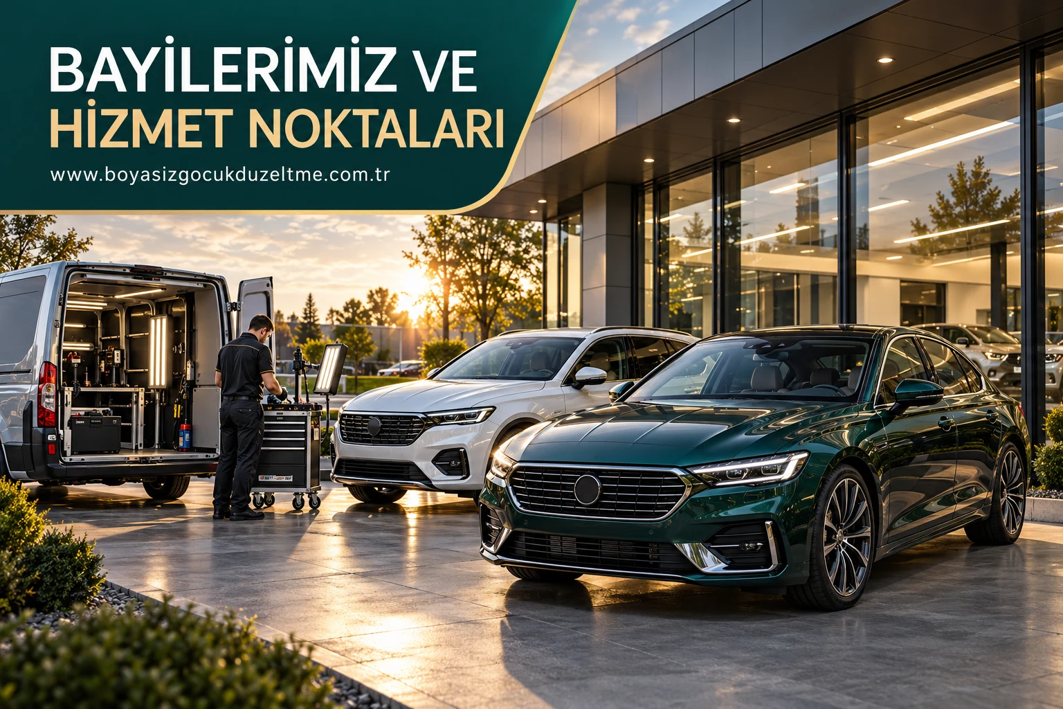 Modern otomobiller ve mobil hizmet aracı bulunan kurumsal servis alanı
