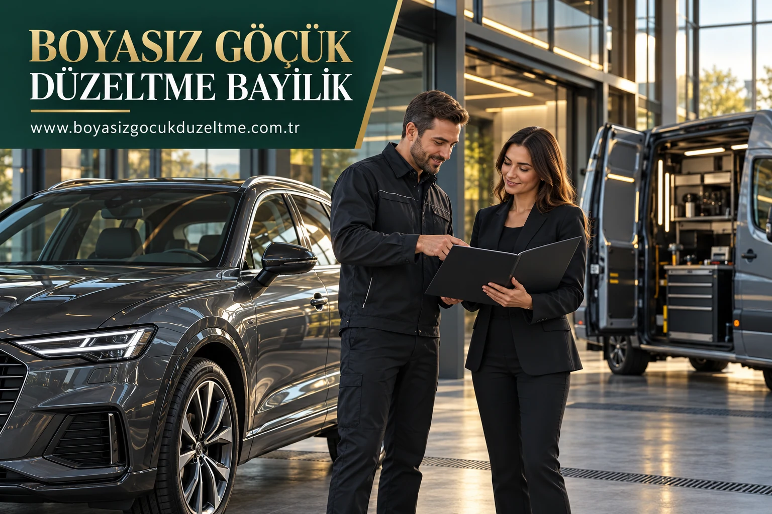 Modern otomobil servisinde iş ortaklığı görüşmesi