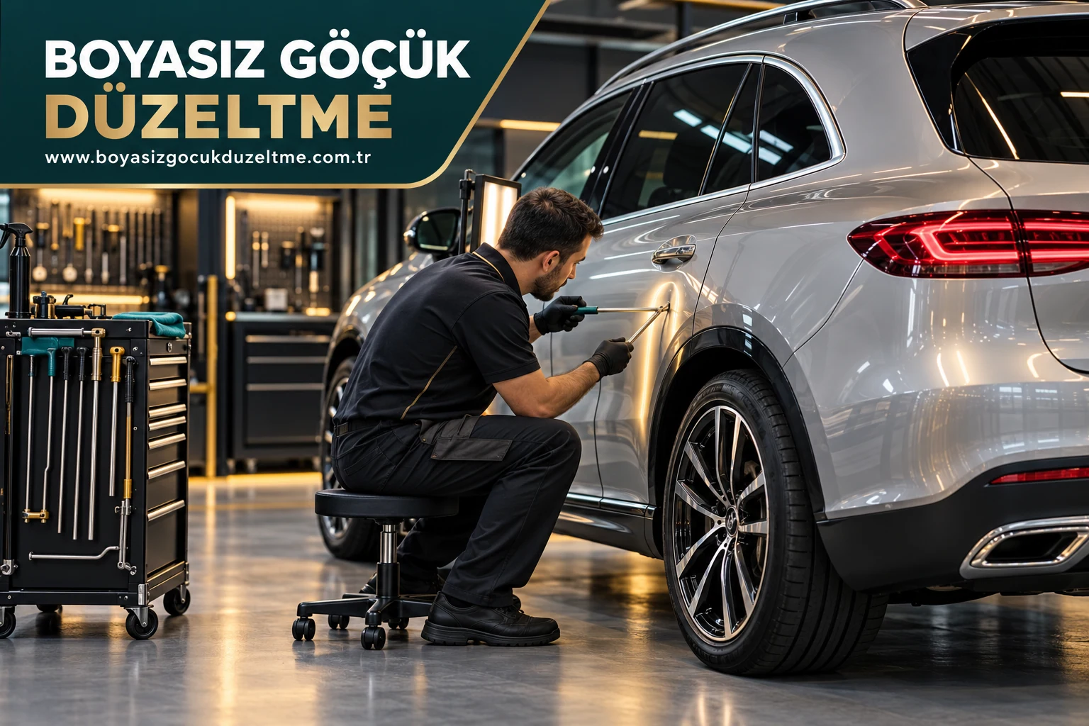 Modern otomobil kapısında yansıma ışığıyla PDR incelemesi