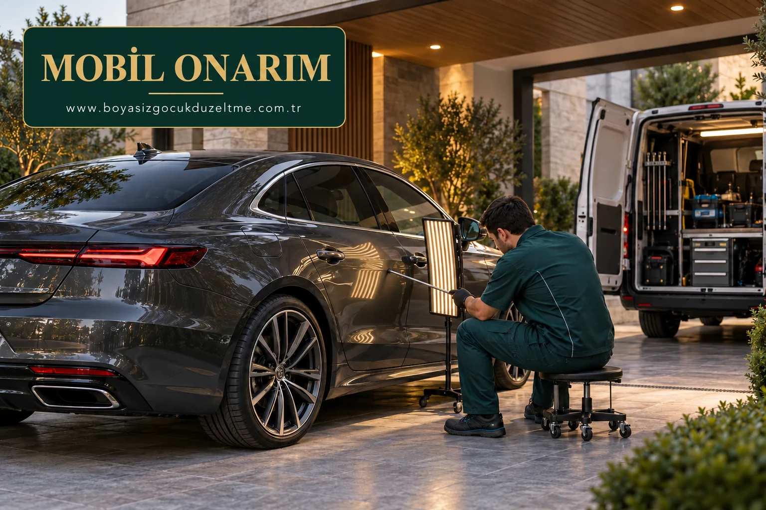 Modern otomobil yanında mobil PDR ekipmanı ve teknisyen